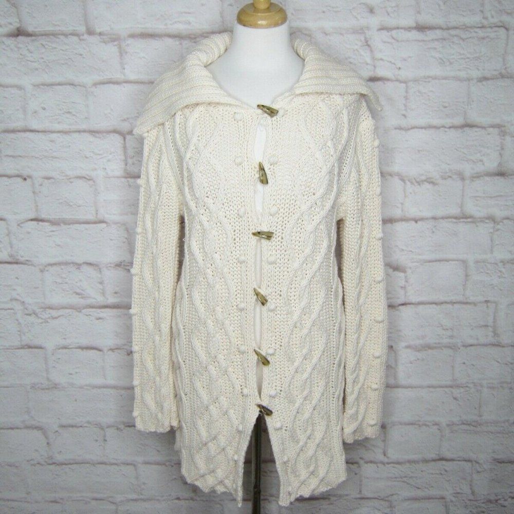 Vintage Caryn Vallone Ivory Knobby Cable Knit Cardigan Sweater size L
